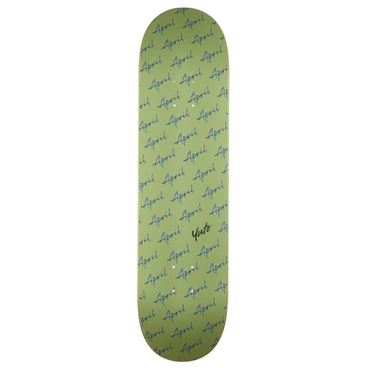 Skateboard deck with text pattern on a white background