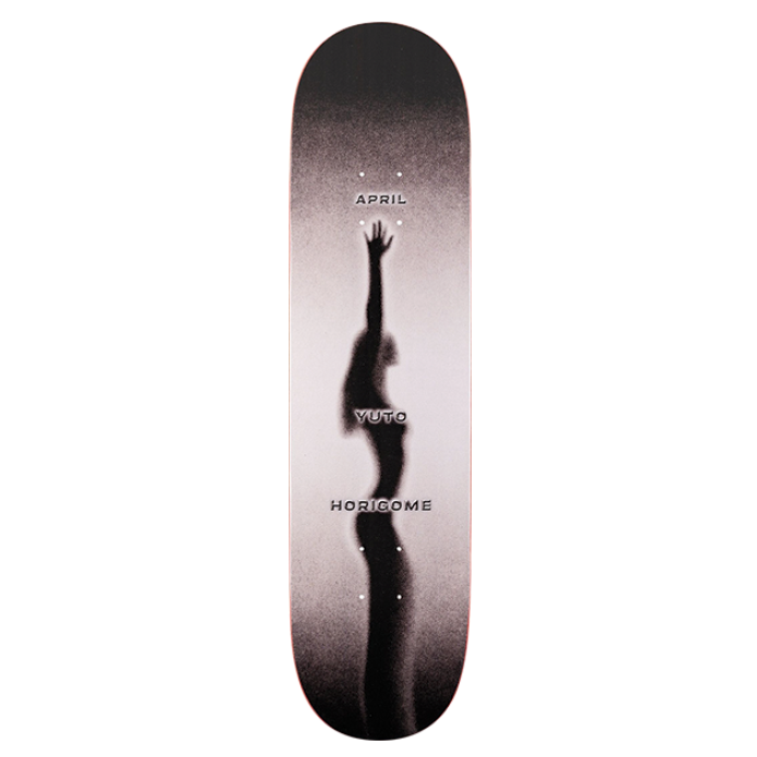 Skateboard deck with a silhouette design on a white background