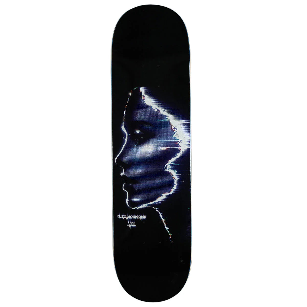 A skateboard deck featuring a black background with a stylized digital graphic of a woman's face in profile, rendered in shades of blue, white, and purple. The text 'Volkswagen' and 'Applause' are printed near the bottom.