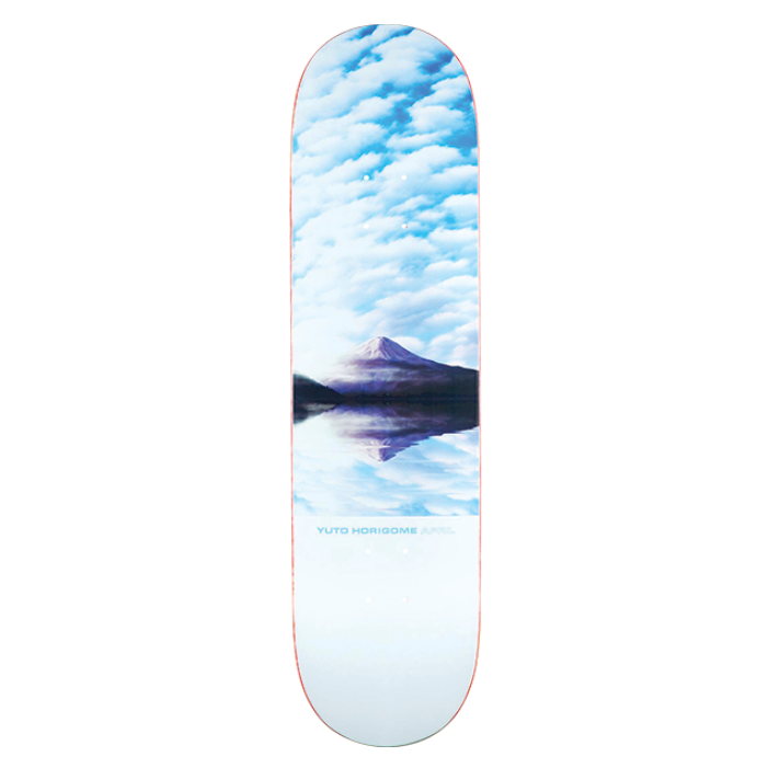 Skateboard deck with a shark and cloud design on a white background