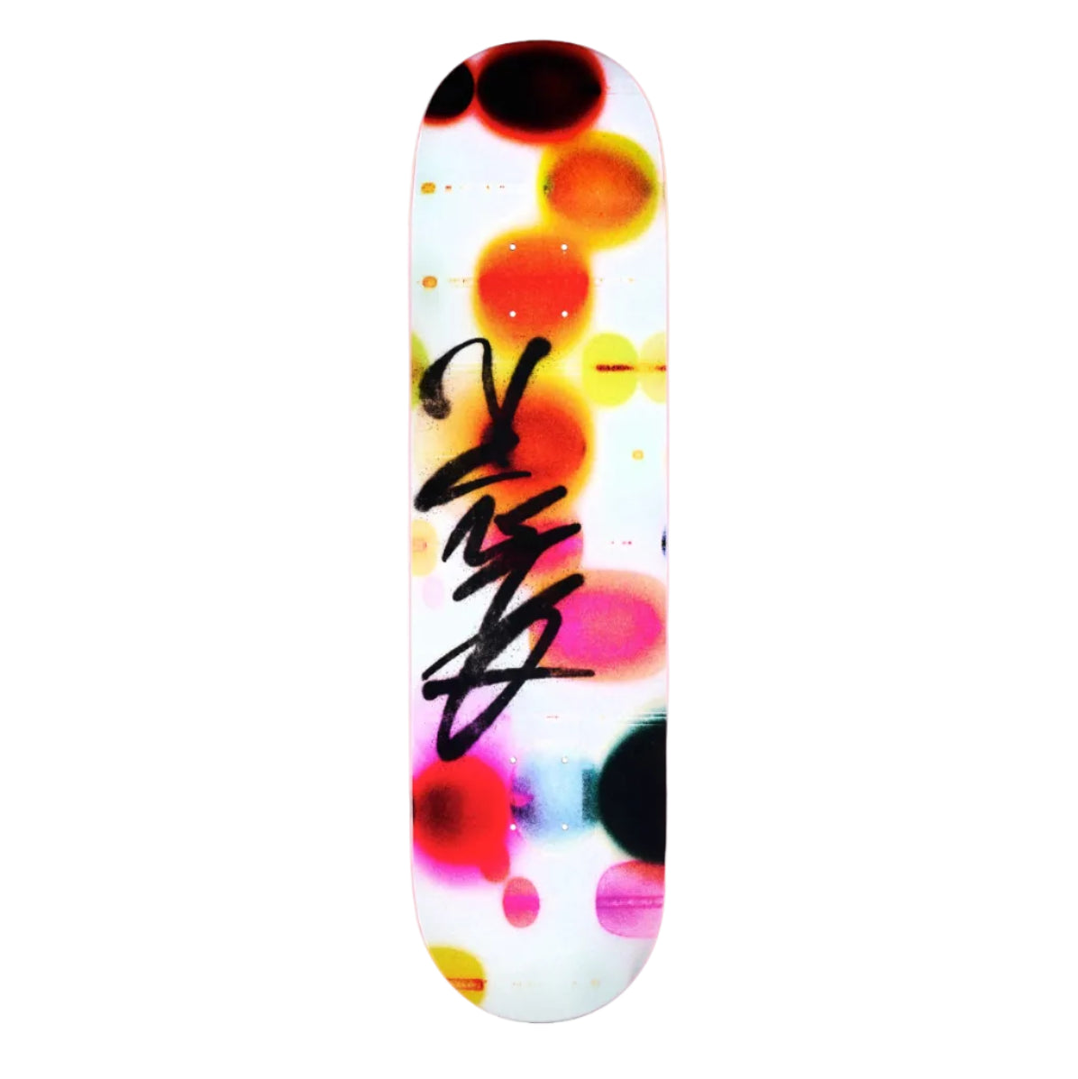 Colorful skateboard deck with abstract design and signature
