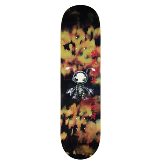 Skateboard deck with a colorful design on a white background