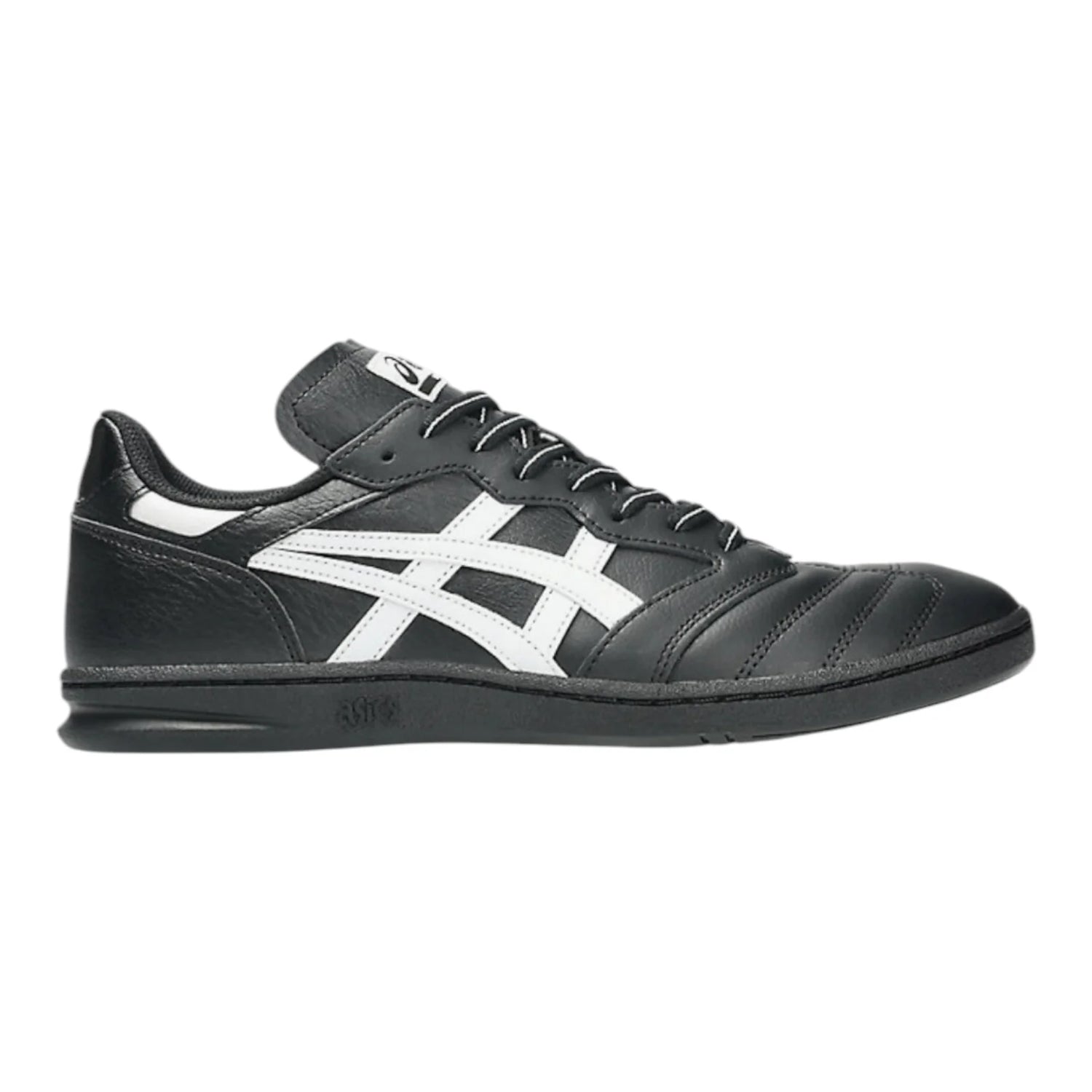 Black and white sneaker with brand logo on a white background