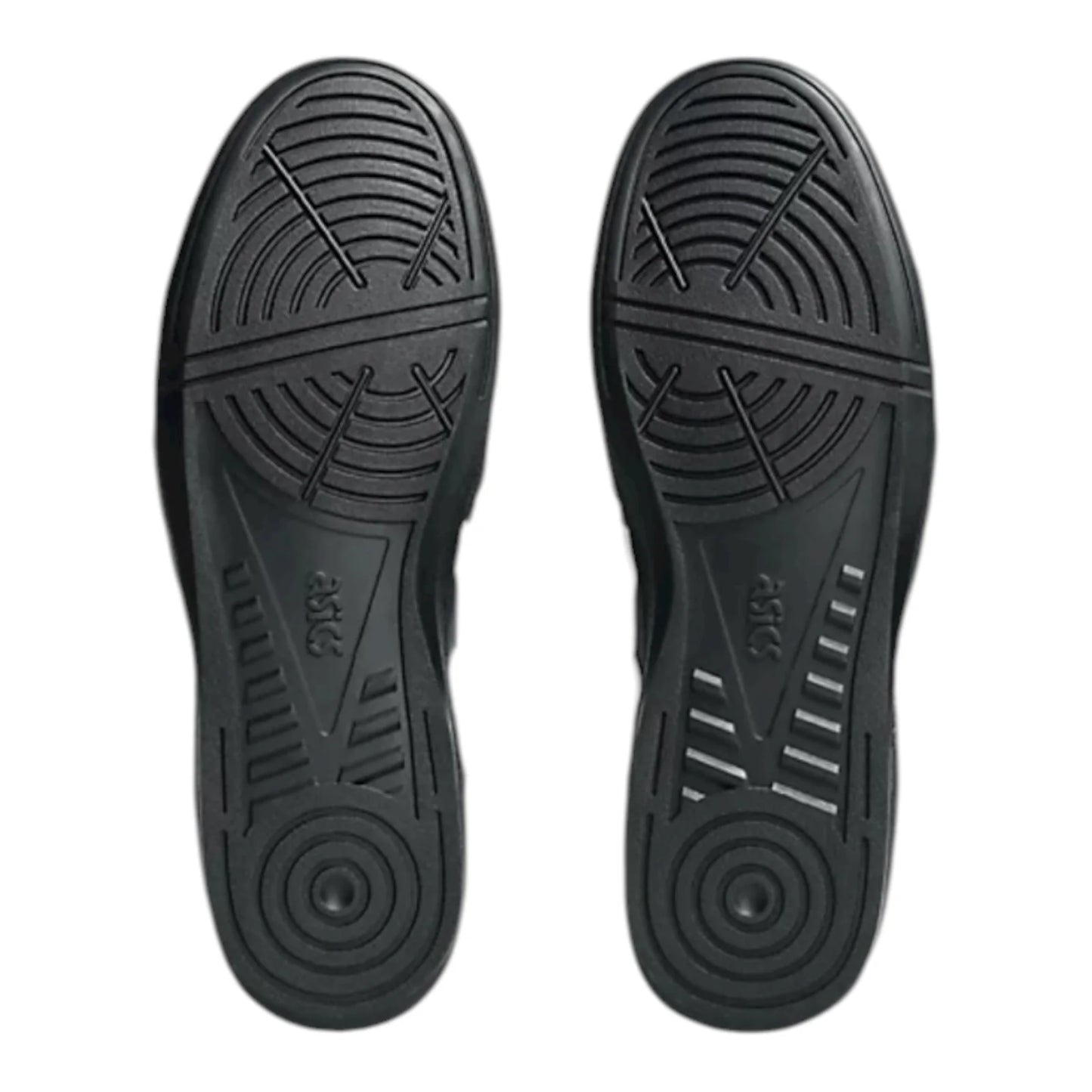 Black shoe soles with tread pattern on a white background