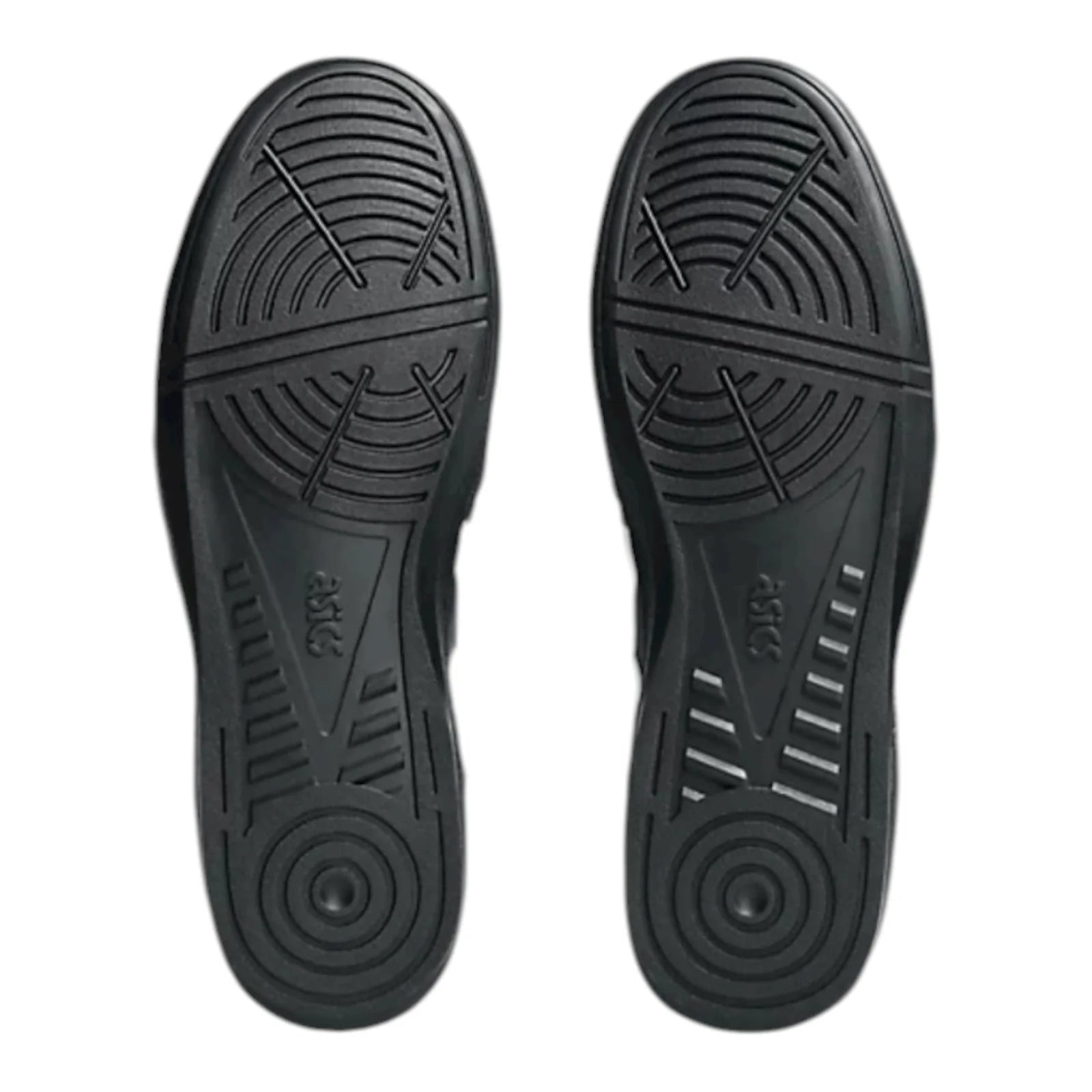 Black shoe soles with tread pattern on a white background