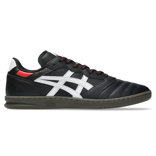 Black sneaker with white logo and red accents on a white background