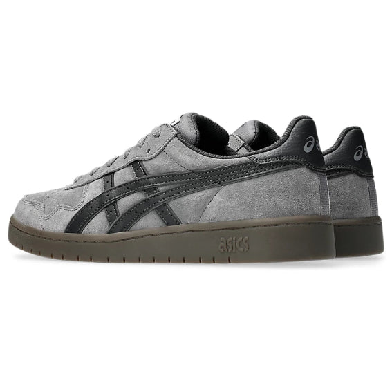 Gray and black sneaker with Asics logo on a white background