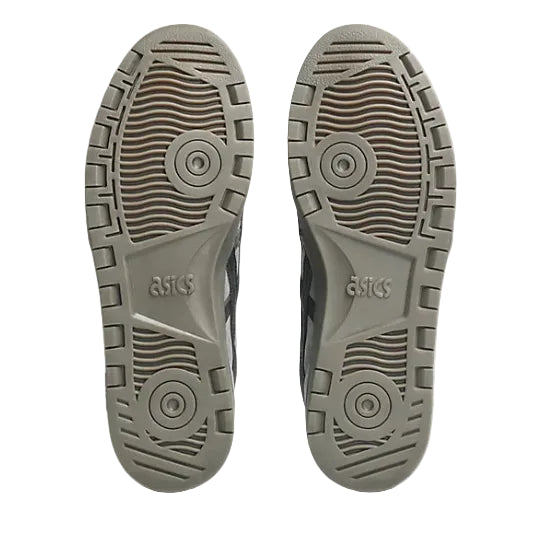 Close-up of the soles of Asics shoes on a white background