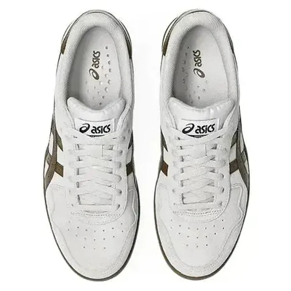 Pair of gray and brown Asics sneakers on a white background