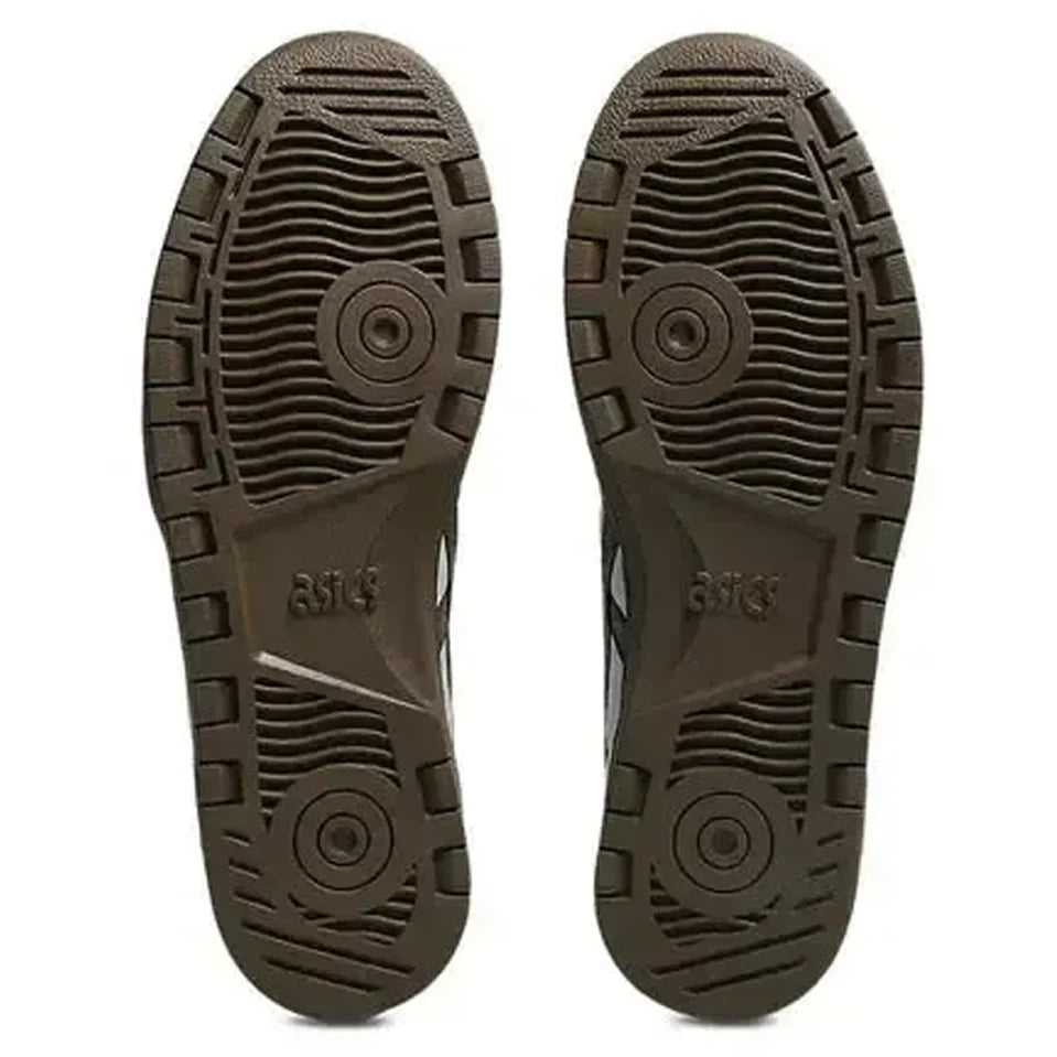 Brown shoe sole with 'ASICS' branding on a white background