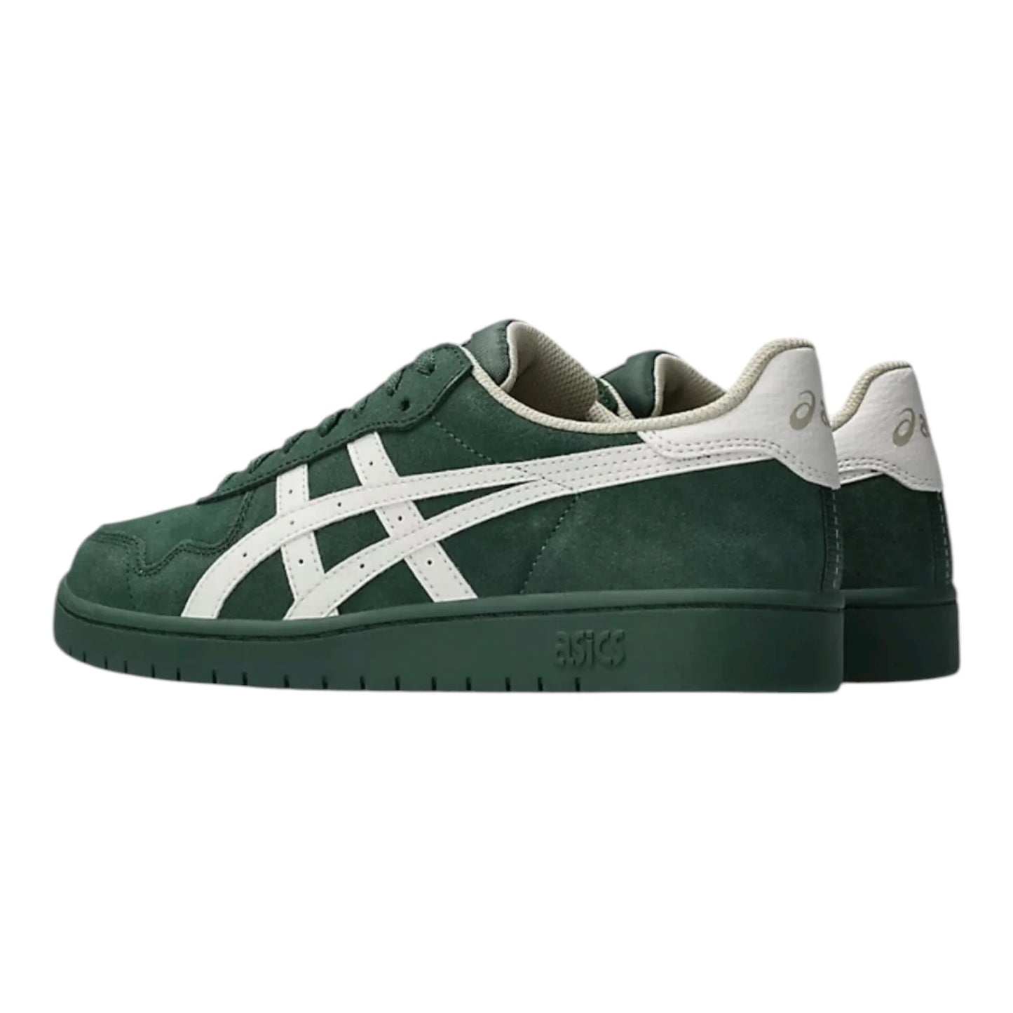 Green and white sneaker with brand logo on a white background