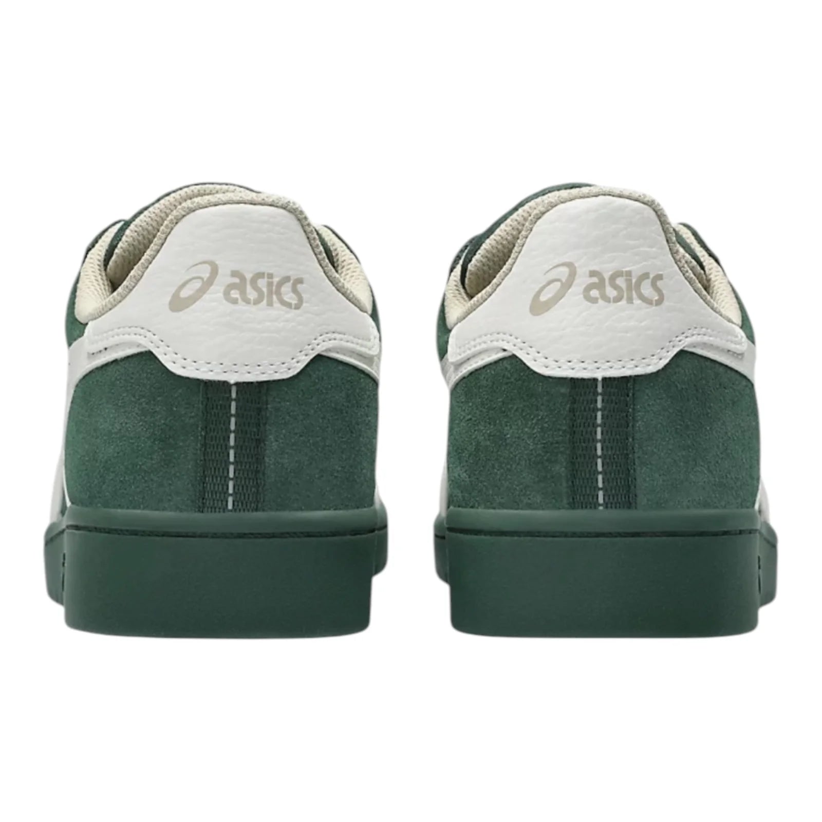 Green and white Asics sneakers shown from the back on a white background