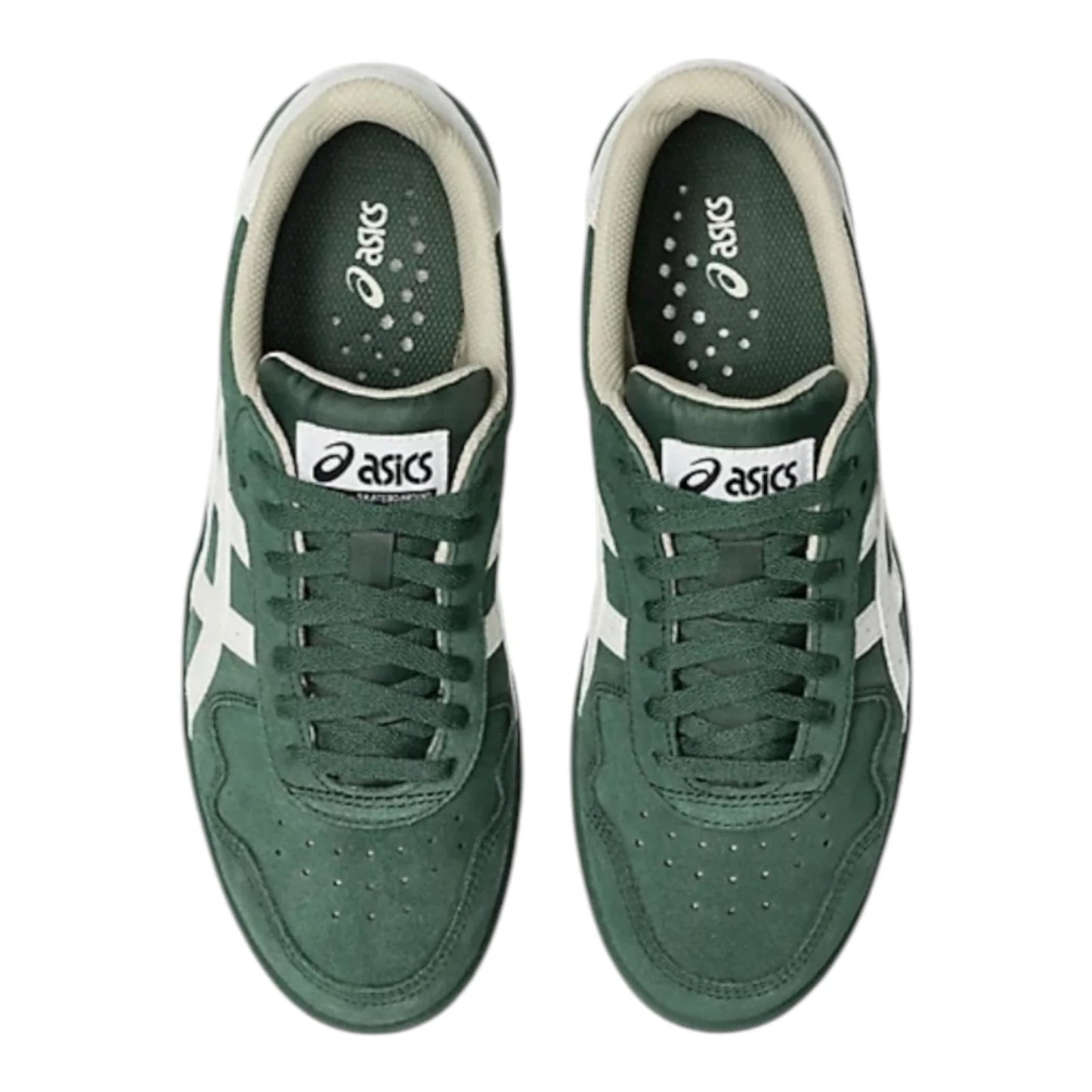 Green Asics sneakers on a white background