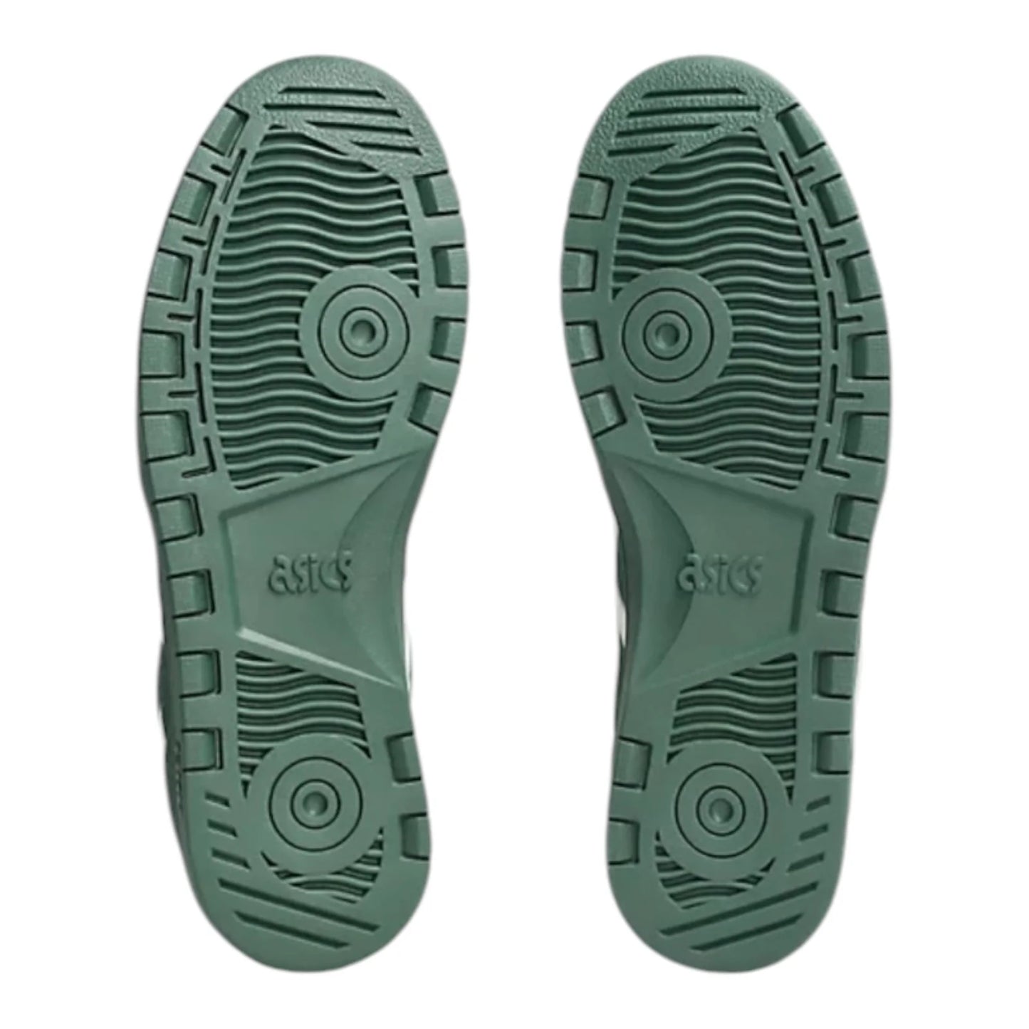 Green shoe sole with Asics logo on a white background