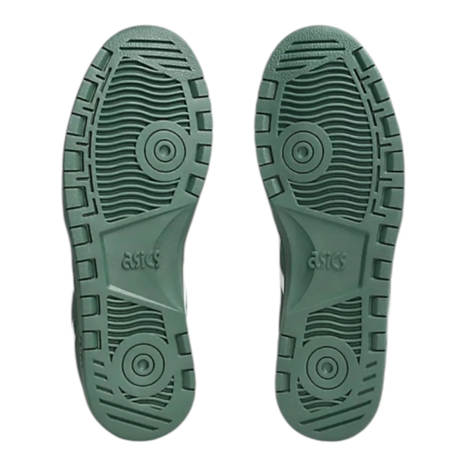 Green shoe sole with Asics logo on a white background