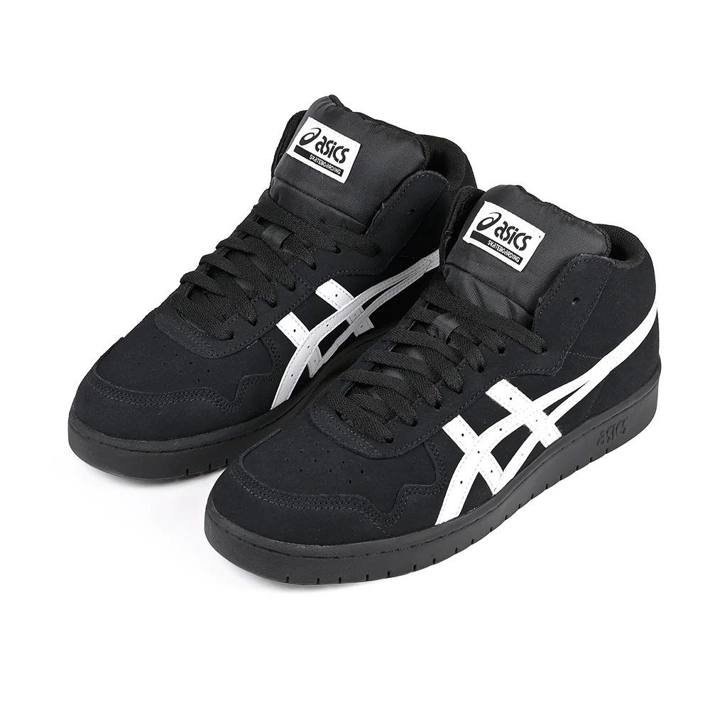 Black high-top sneakers with white accents on a white background