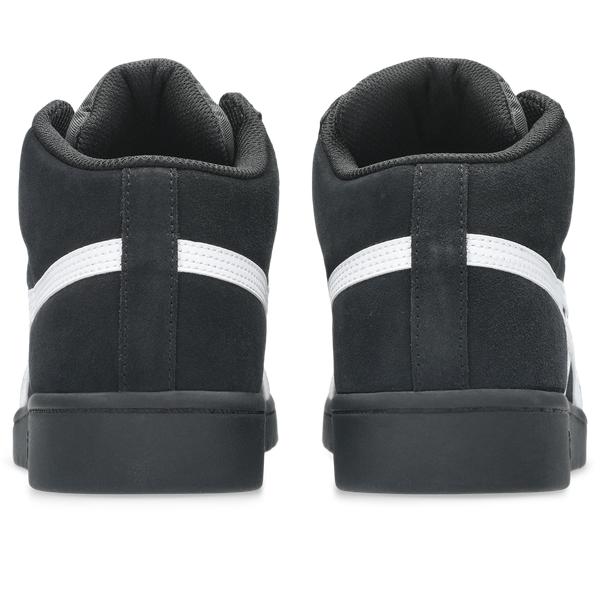 Black high-top sneakers with white stripes on a white background