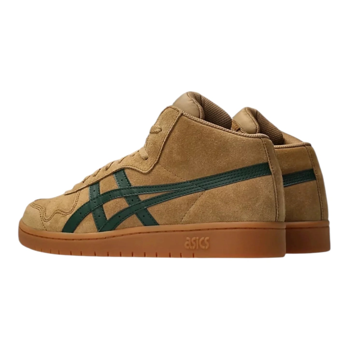 Tan sneaker with green stripe on a white background