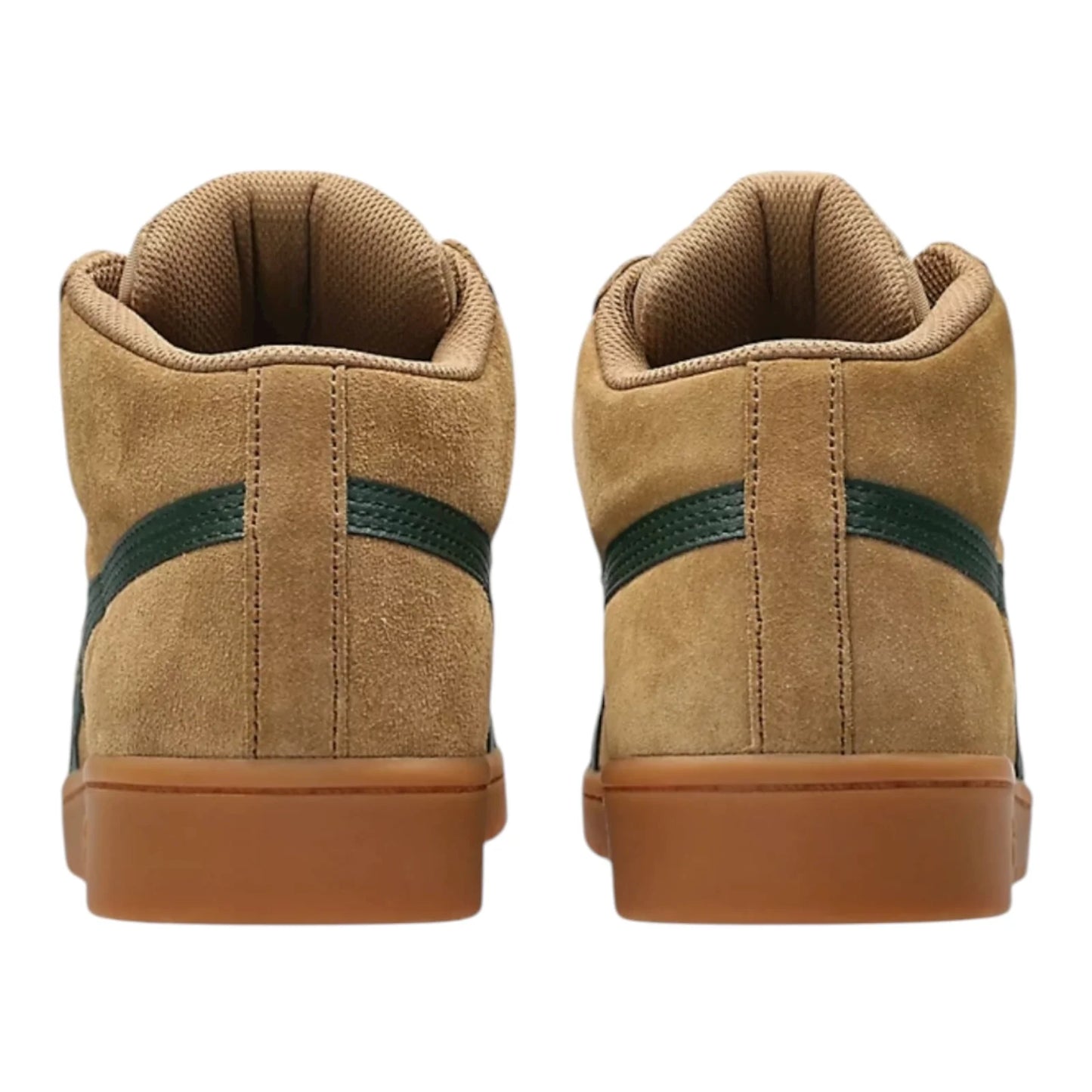 Pair of tan high-top sneakers with green accents on a white background