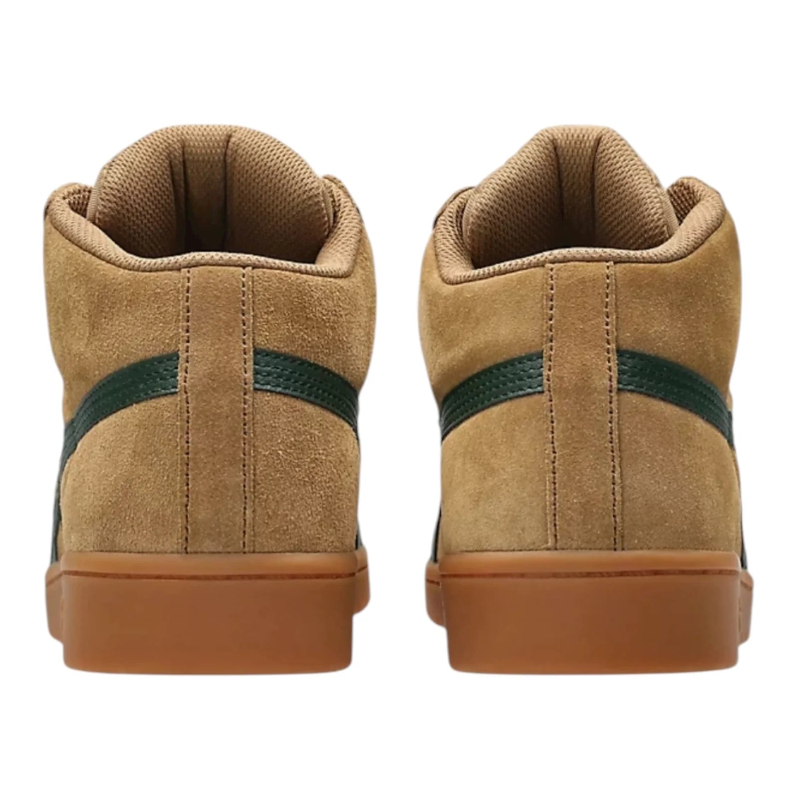 Pair of tan high-top sneakers with green accents on a white background
