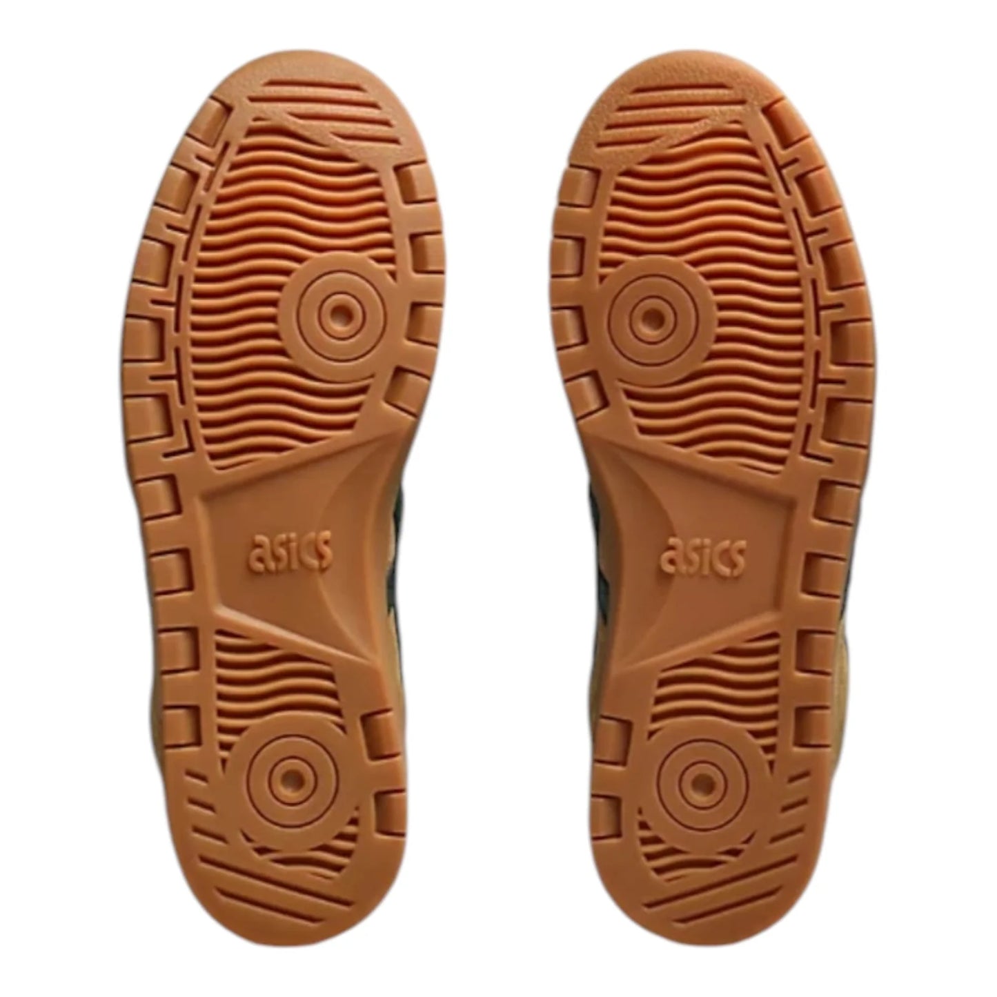 Brown shoe soles with 'Asics' branding on a white background