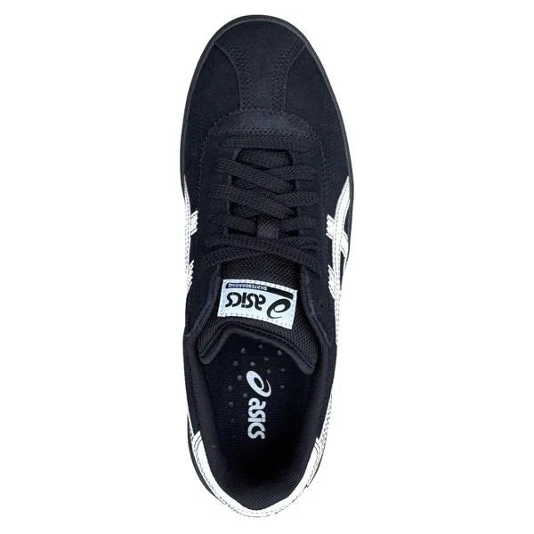 Black sneaker with white accents on a white background