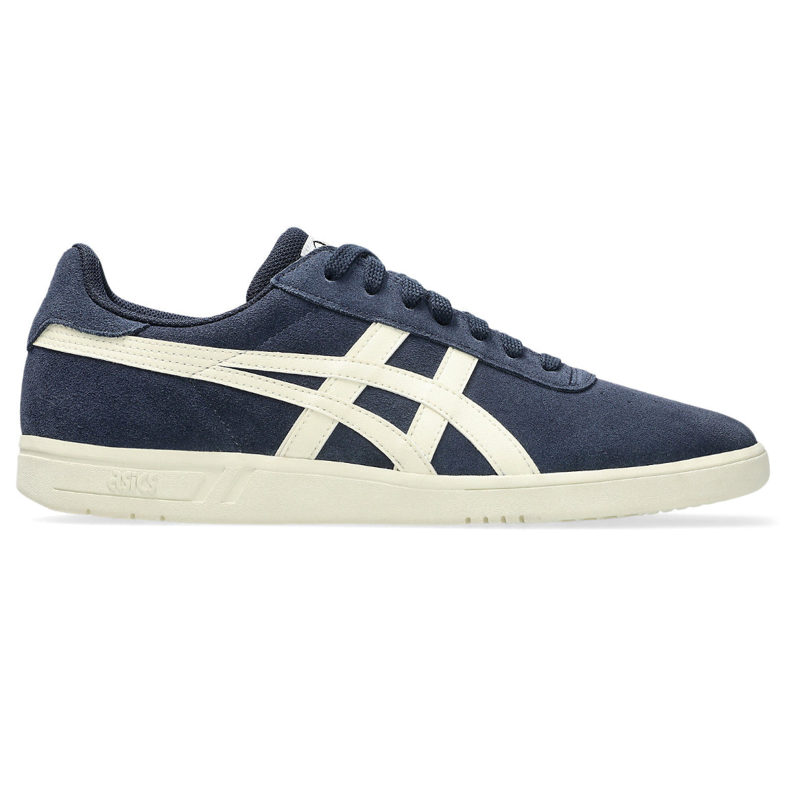Navy blue sneaker with white stripes on a white background