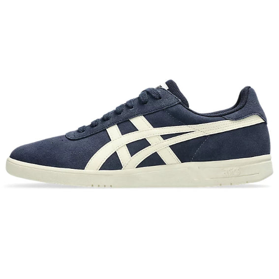 Navy blue sneaker with white logo on a white background