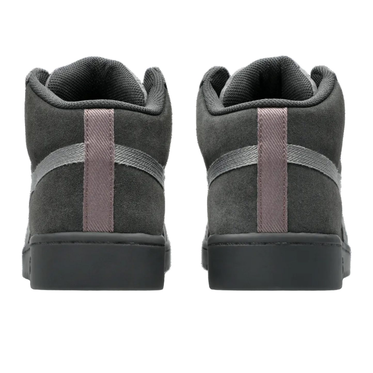 Gray high-top sneakers with purple and gray accents on a white background