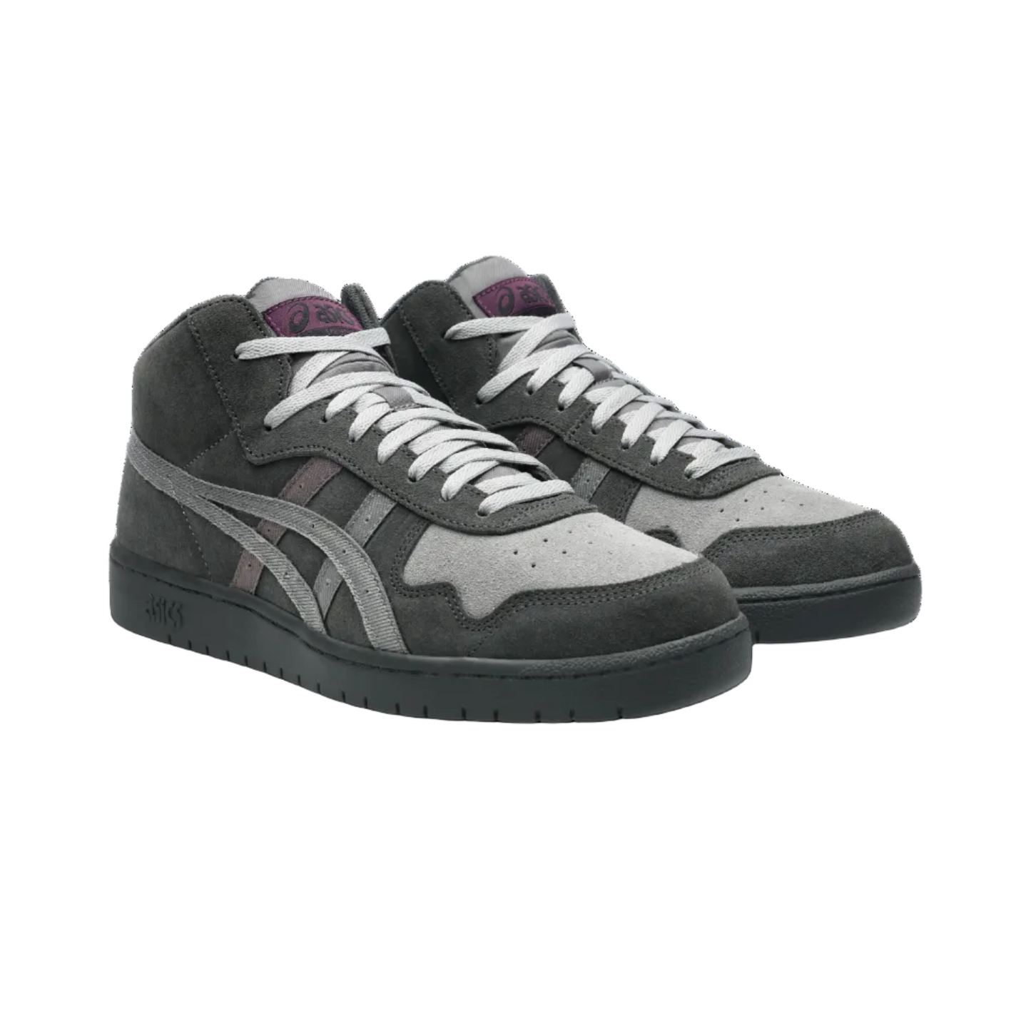 Gray and black sneakers with white laces on a white background