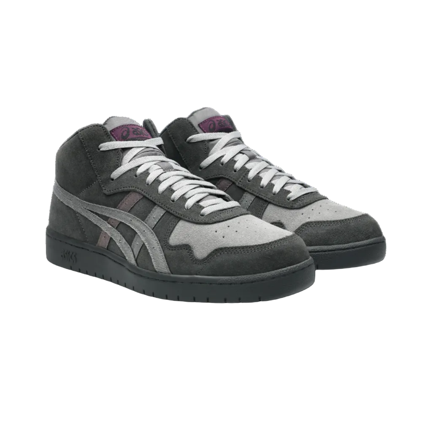 Gray and black sneakers with white laces on a white background