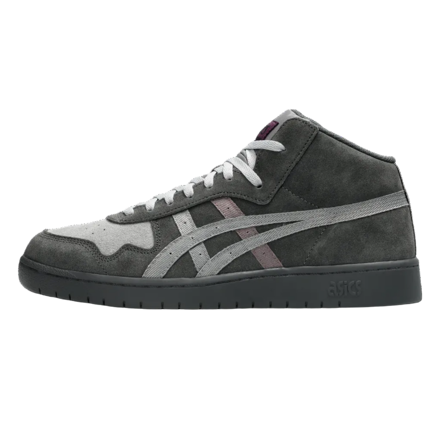 Gray high-top sneaker with white laces on a white background