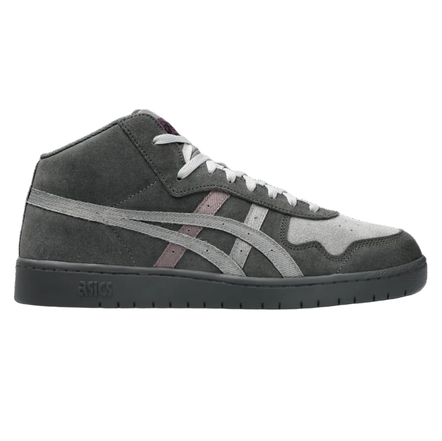 Gray high-top sneaker with white laces on a transparent background