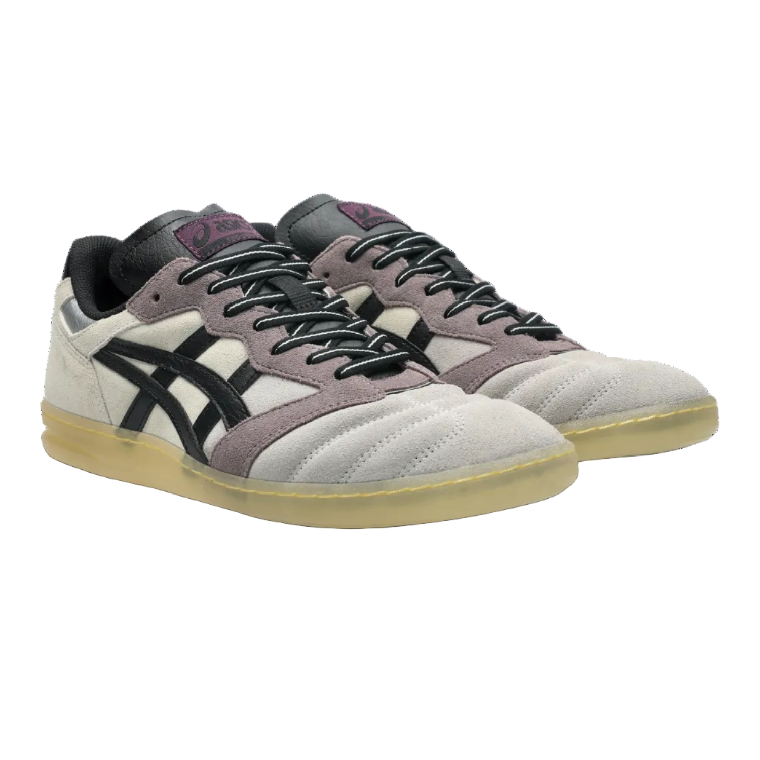 Pair of gray and white sneakers with black accents on a transparent background