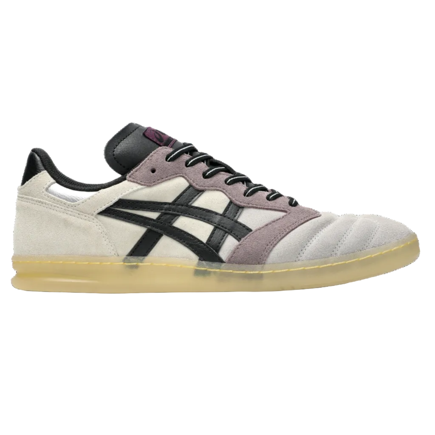 Sneaker with a white, black, and gray design on a white background