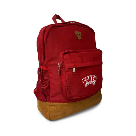 Red backpack with a brown bottom section on a white background
