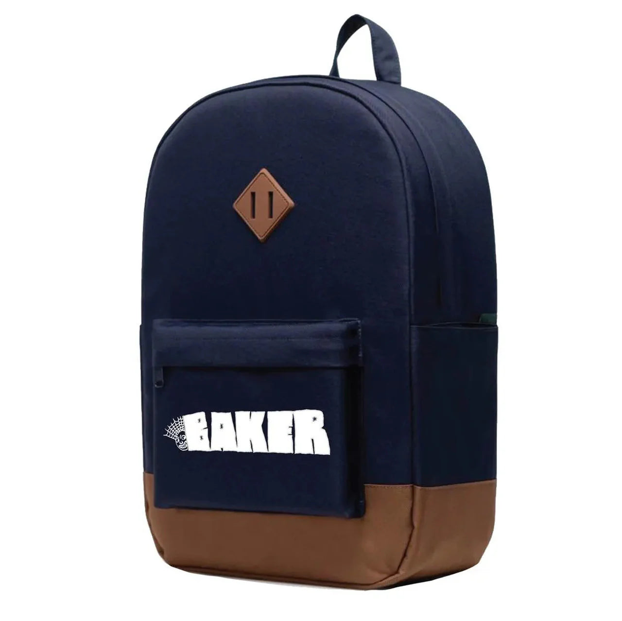 Navy and brown backpack with 'Baker' logo on a white background