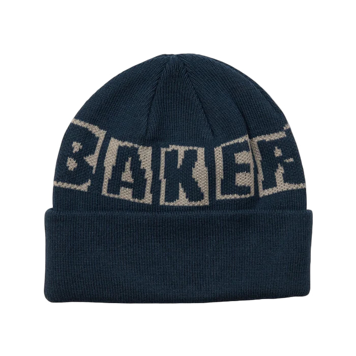Navy blue beanie with 'Baker' logo on a light gray background