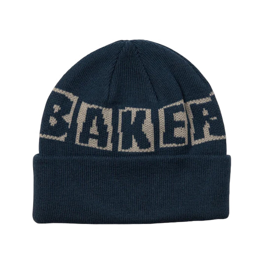 Navy blue beanie with 'Baker' logo on a light gray background