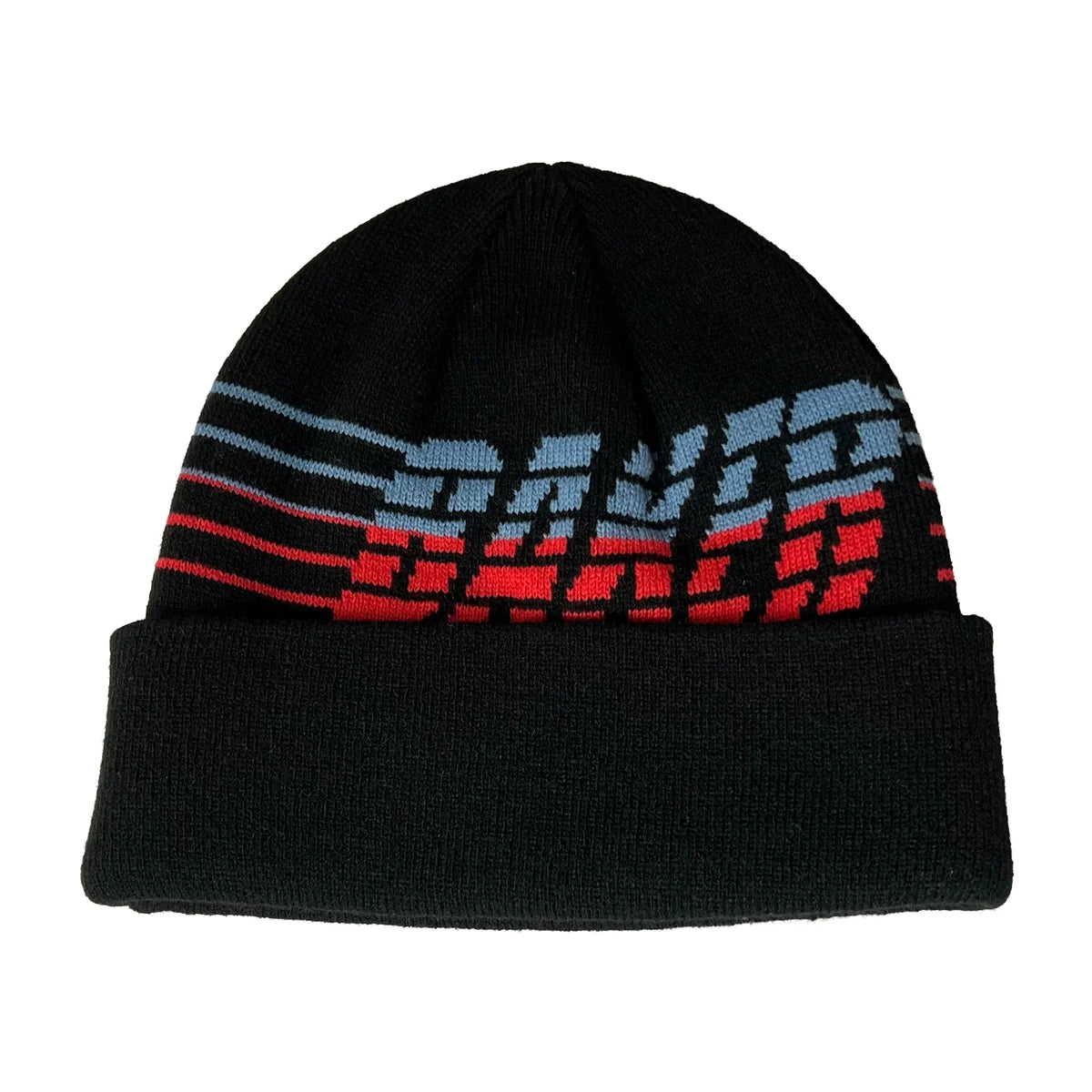 A black knit beanie hat featuring a folded cuff and a horizontal graphic stripe pattern in light blue, dark blue, red, and black across the upper portion.