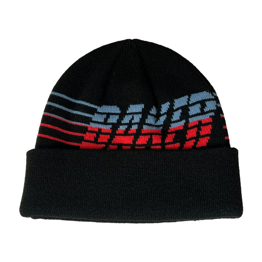 A black knit beanie hat featuring a folded cuff and a horizontal graphic stripe pattern in light blue, dark blue, red, and black across the upper portion.