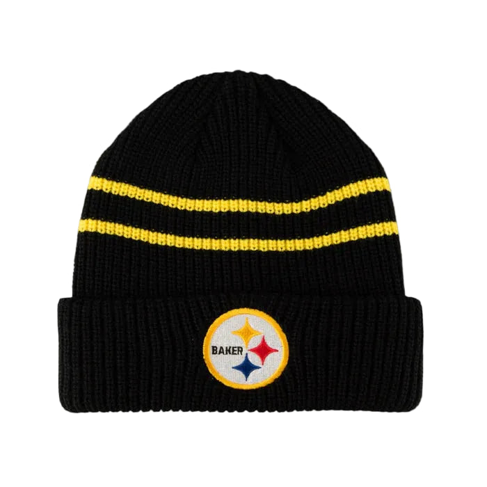A black ribbed knit beanie hat featuring two horizontal yellow stripes on the upper portion and a circular Pittsburgh Steelers logo patch on the front cuff.