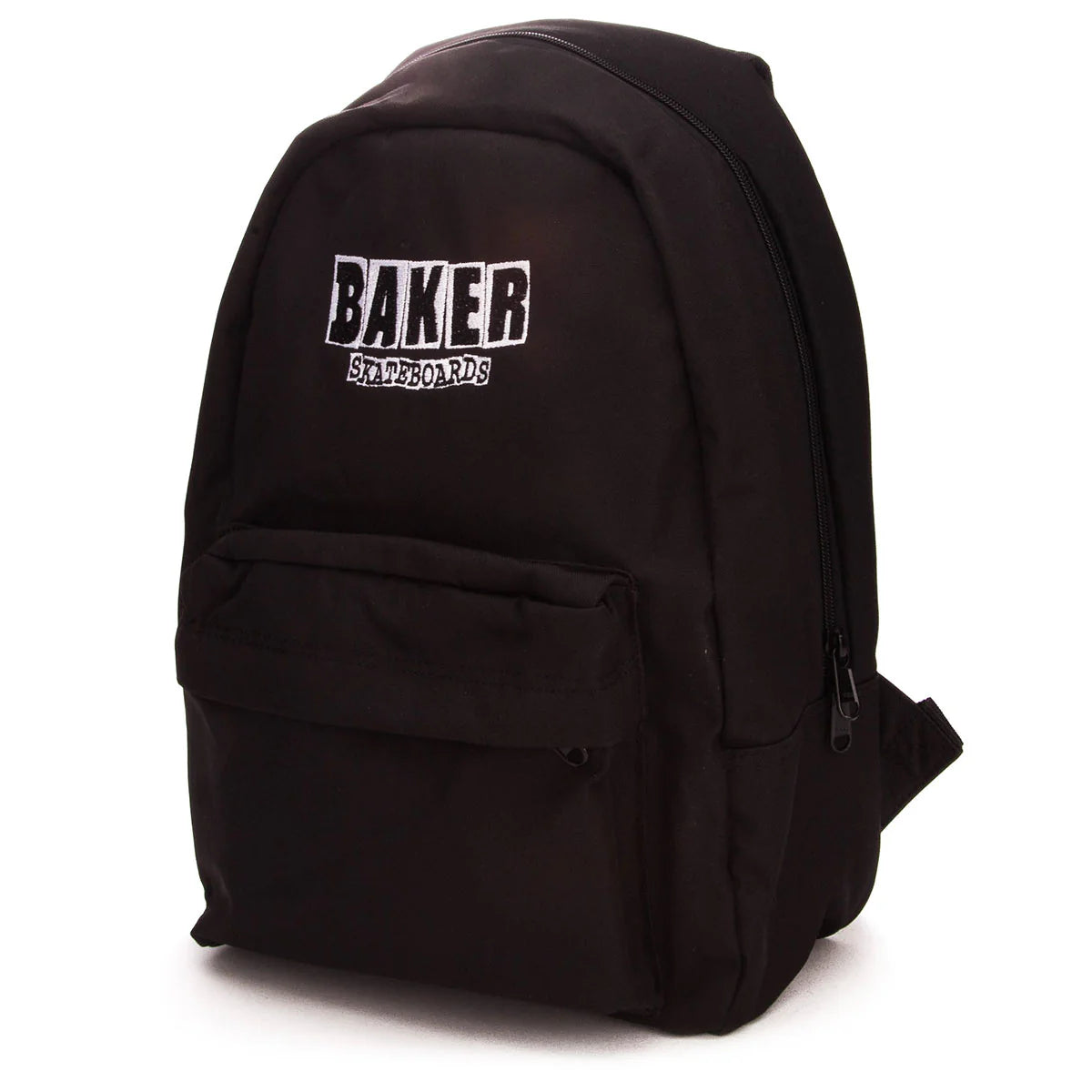 A black canvas backpack with a front zippered pocket and a white distressed logo on the upper front that reads 'BAKER SKATECOOLS', shown on a plain white background.