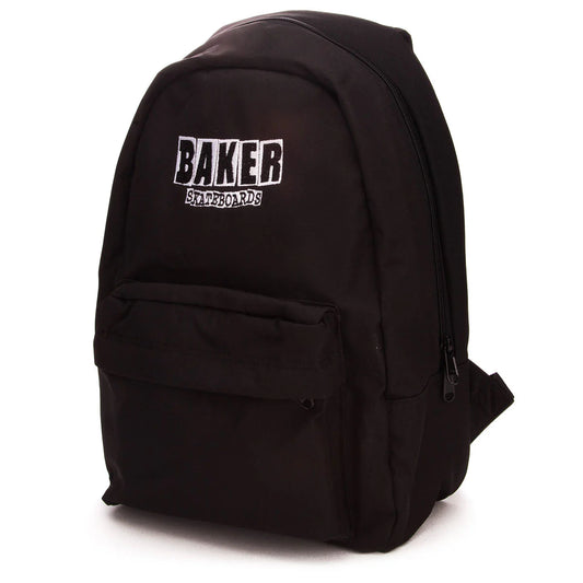 A black canvas backpack with a front zippered pocket and a white distressed logo on the upper front that reads 'BAKER SKATECOOLS', shown on a plain white background.