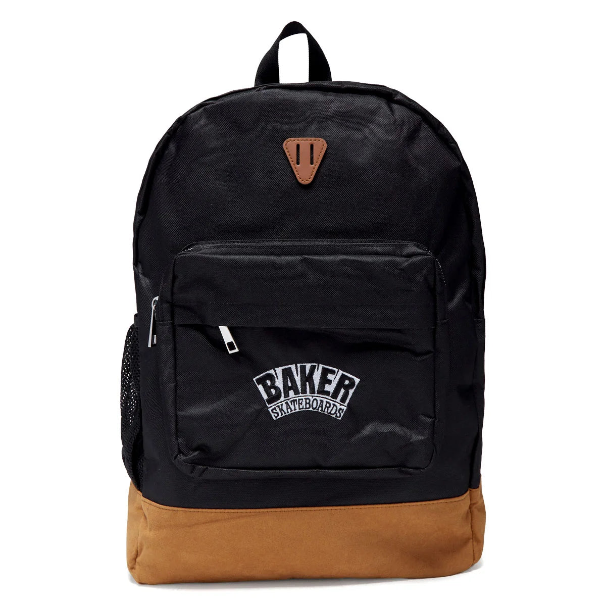 A black and brown backpack with a brown leather-like triangular patch on the front and a white 'BAKER SKATEBOARDS' logo on the front pocket, shown against a plain white background.