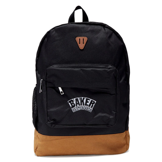 A black and brown backpack with a brown leather-like triangular patch on the front and a white 'BAKER SKATEBOARDS' logo on the front pocket, shown against a plain white background.