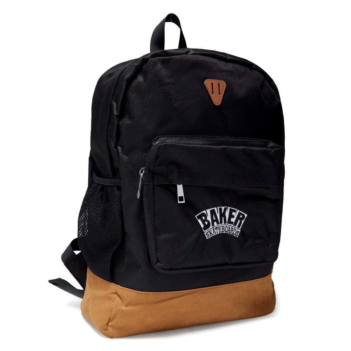 A black backpack with a brown canvas bottom base, featuring a white 'BAKER SKATEBOARDS' logo on the front pocket and a small brown leather-like triangular patch on the upper front, shown on a white background.