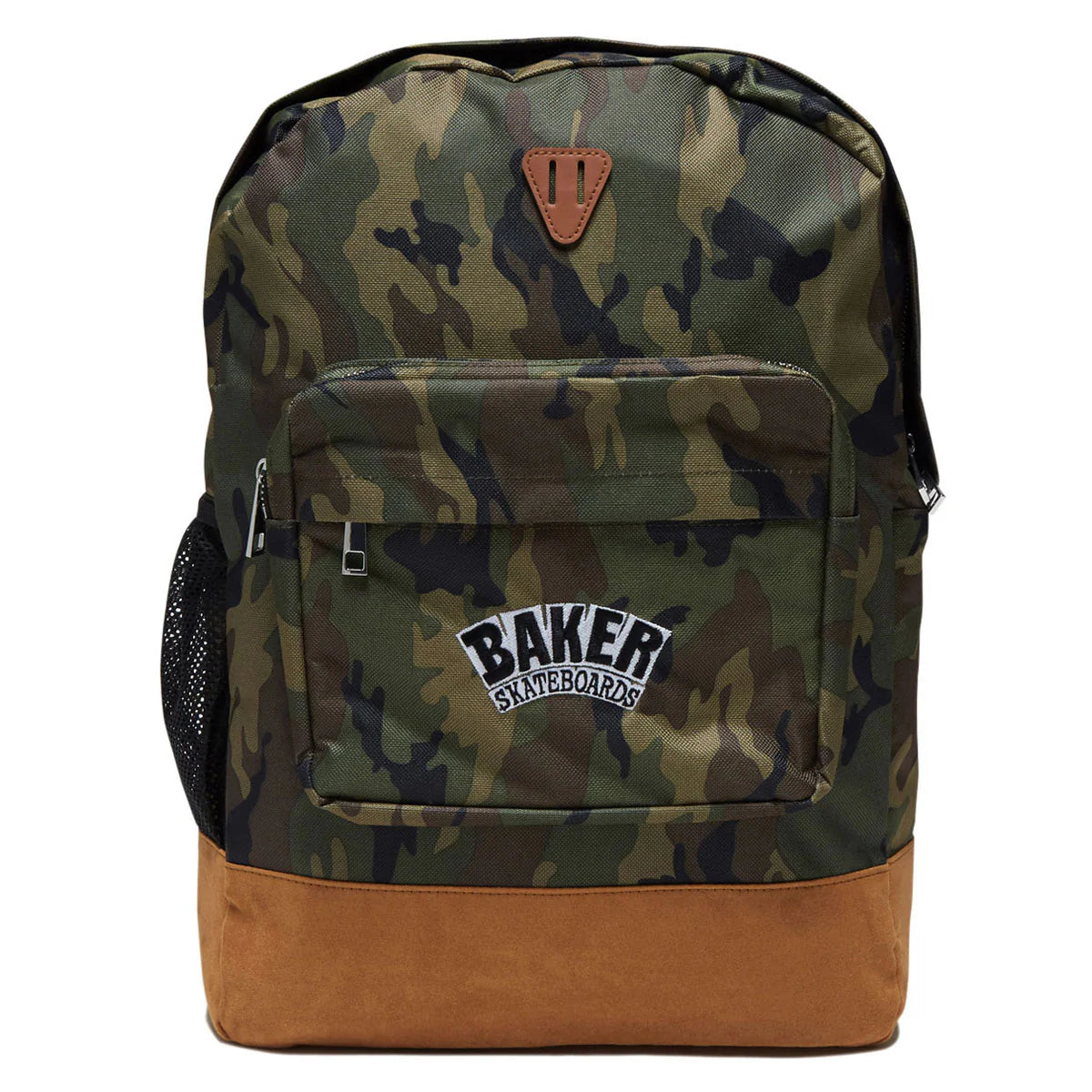 A camouflage backpack with a brown suede-like bottom panel and a brown leather patch on the front. The front pocket features a white and black 'BAKER SKATEBOARDS' patch.