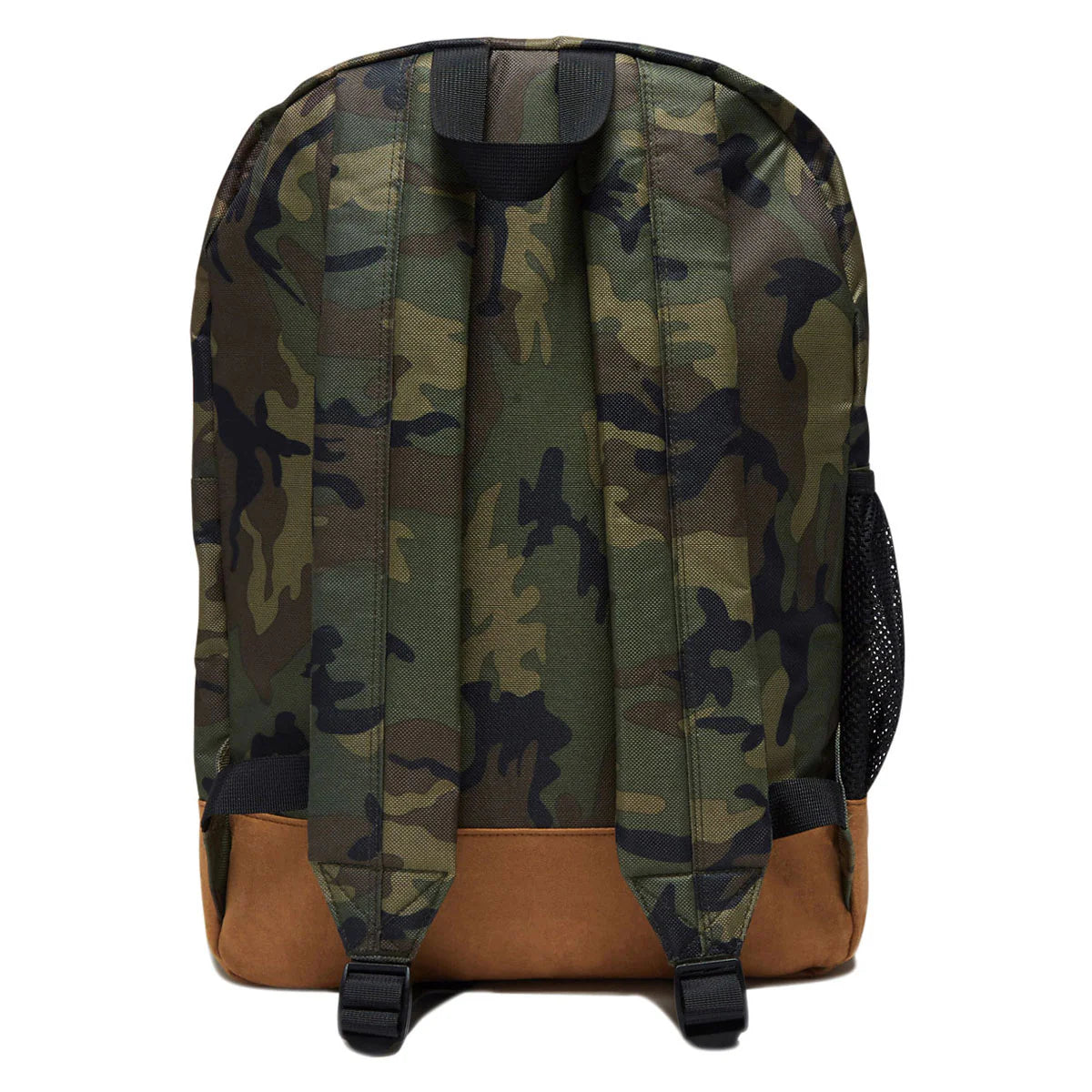 A backpack with a green and brown camouflage pattern, featuring a solid brown base and black straps, shown from the back on a white background.