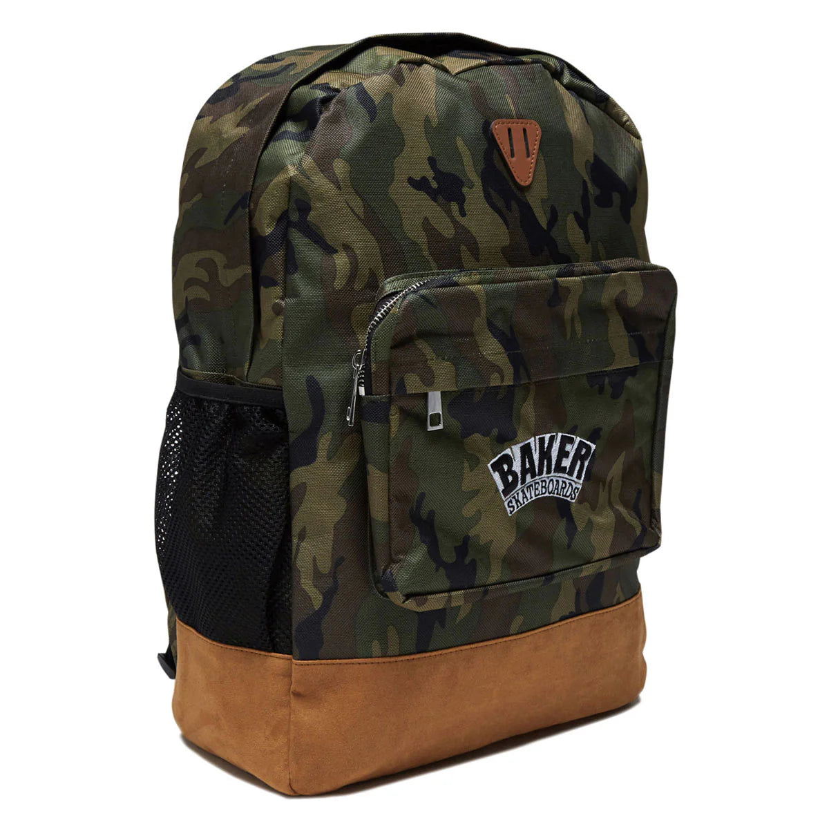 A backpack with a green and brown camouflage pattern, featuring a solid brown base, a black mesh side pocket, and a front zippered pocket with a 'BAKER TRANSPORTS' logo patch.